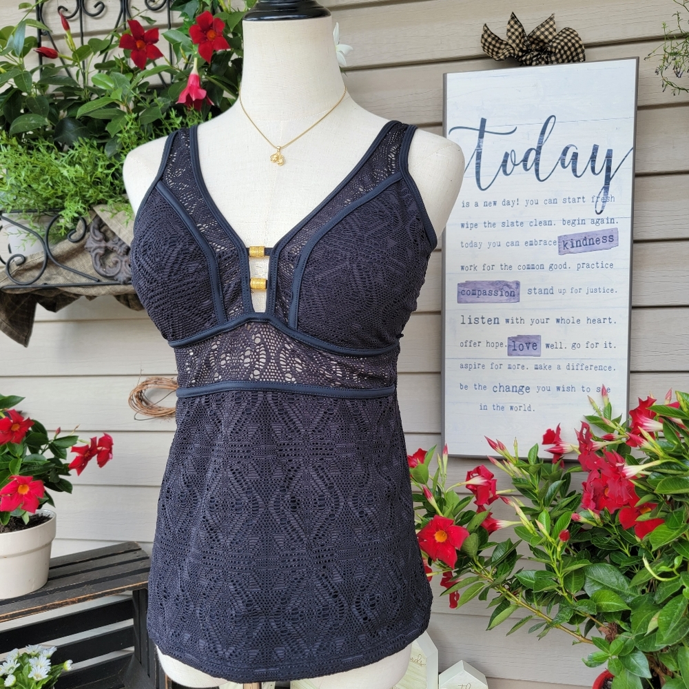 CATALINA ♡ NWT Sweet Black Eyelet Lace Gold Tie Back Padded Tankini Swim Top M